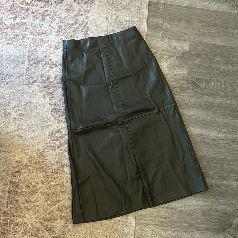 Dark green leather midi skirt